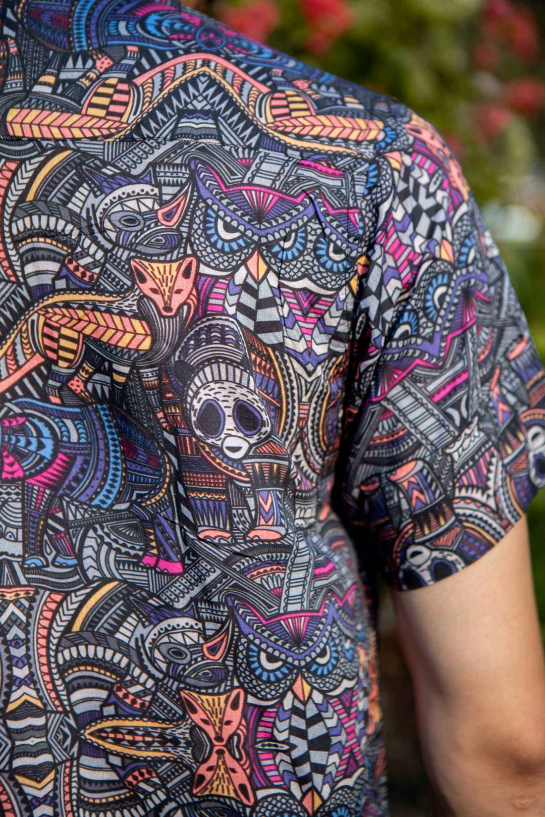 DORSET psychedelic print shirt – front view showing tribal animal design