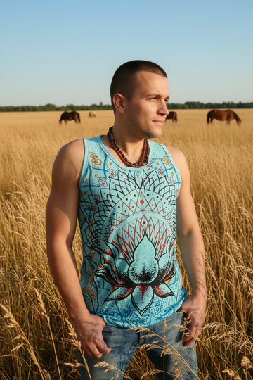 Pánske tielko Lotos – modré etno bavlnené tielko s lotosovým vzorom