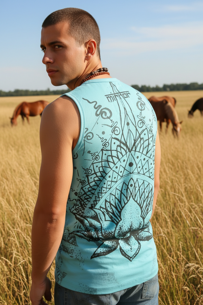 Pánske tielko Lotos – modré etno bavlnené tielko s lotosovým vzorom